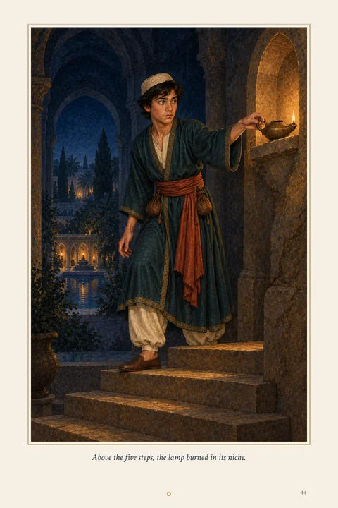 Above the five steps, the lamp burned in its niche.