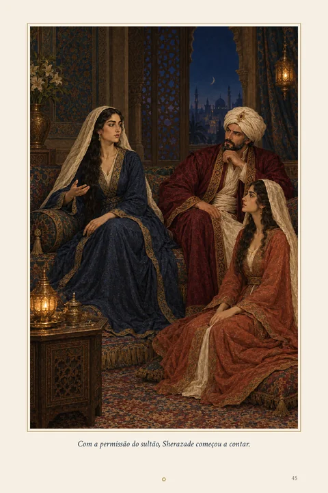 Sherazade — Contos das Mil e Uma Noites · Página 45. Com a permissão do sultão, Sherazade começou a contar.