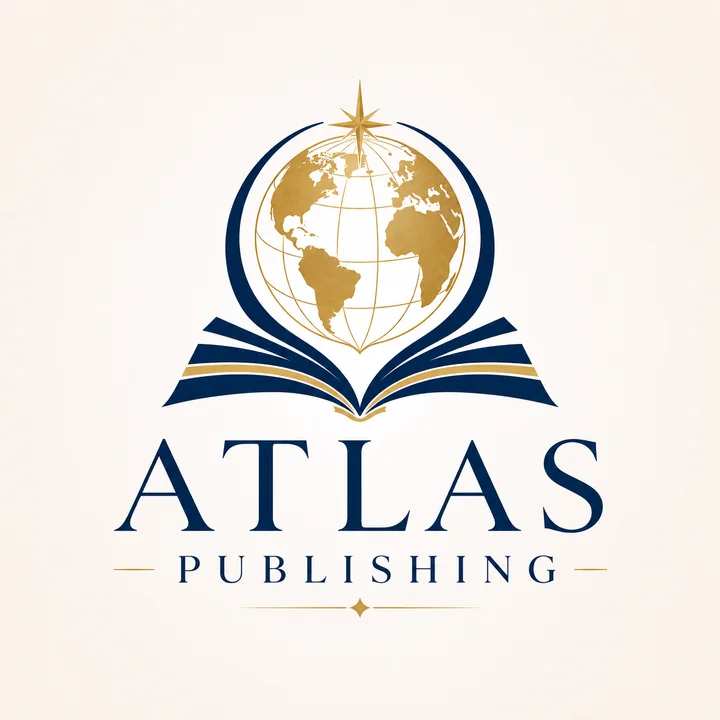 Atlas Publishing: a gold globe and compass star rising above an open navy book