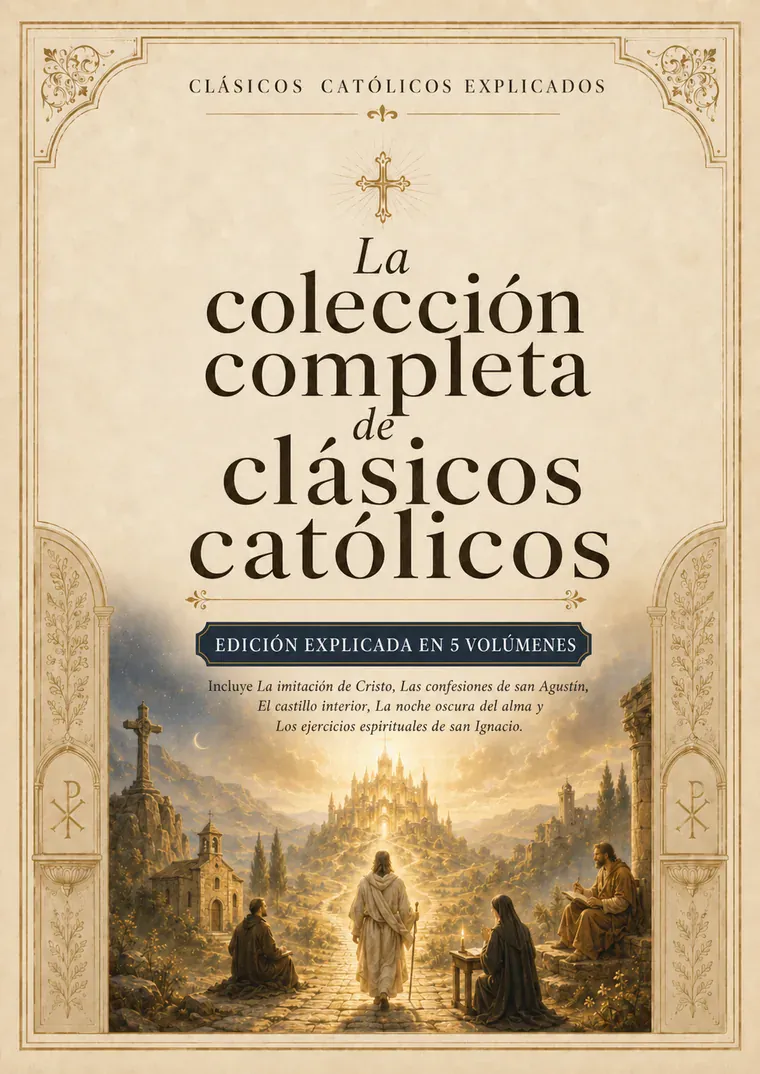 Portada de La colección completa de clásicos católicos, Edición Explicada en cinco volúmenes.