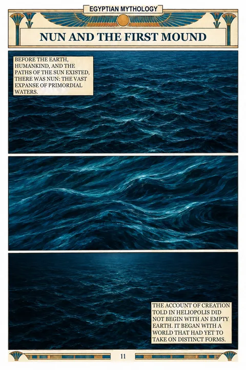 Actual page from the English edition: Nun and the First Mound · 11