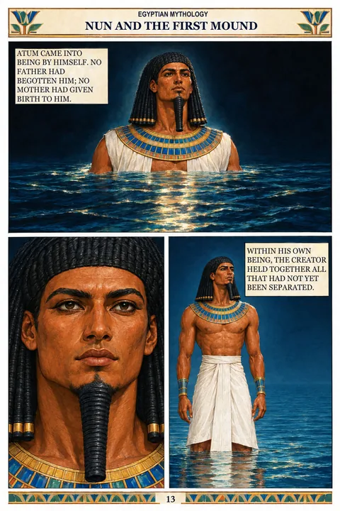 Actual page from the English edition: Nun and the First Mound · 13