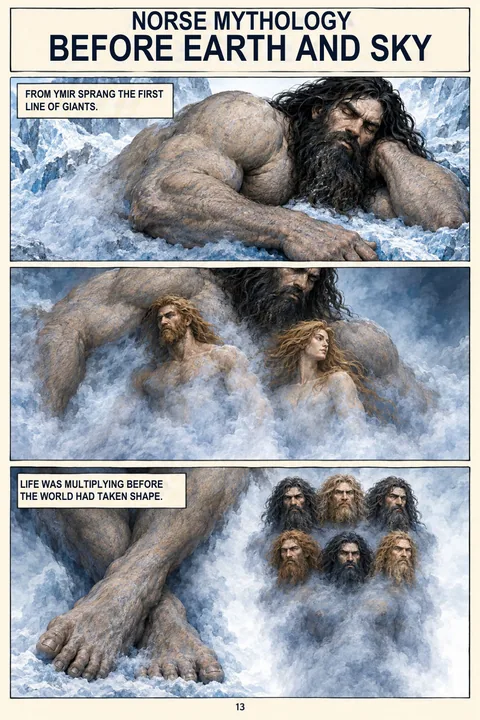 Actual page from the English edition: Before Earth and Sky · 13