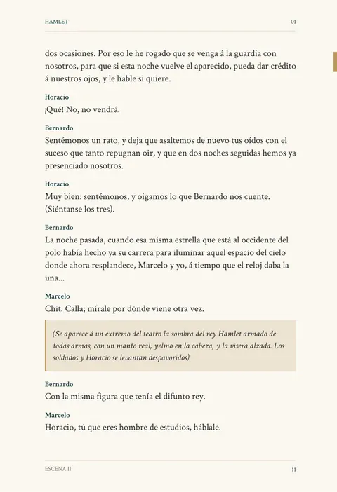 Una página de texto de la edición ilustrada de Hamlet en español