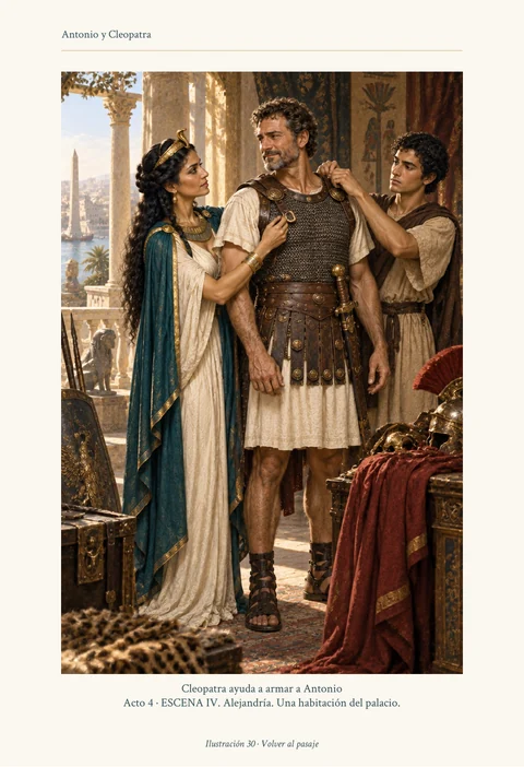 Antonio y Cleopatra · Cleopatra ayuda a armar a Antonio · Página 187